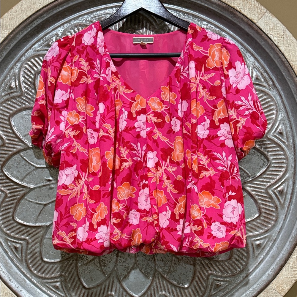 Pleione Pink and Orange Floral Puff Sleeve Bubble Hem Cropped Blouse